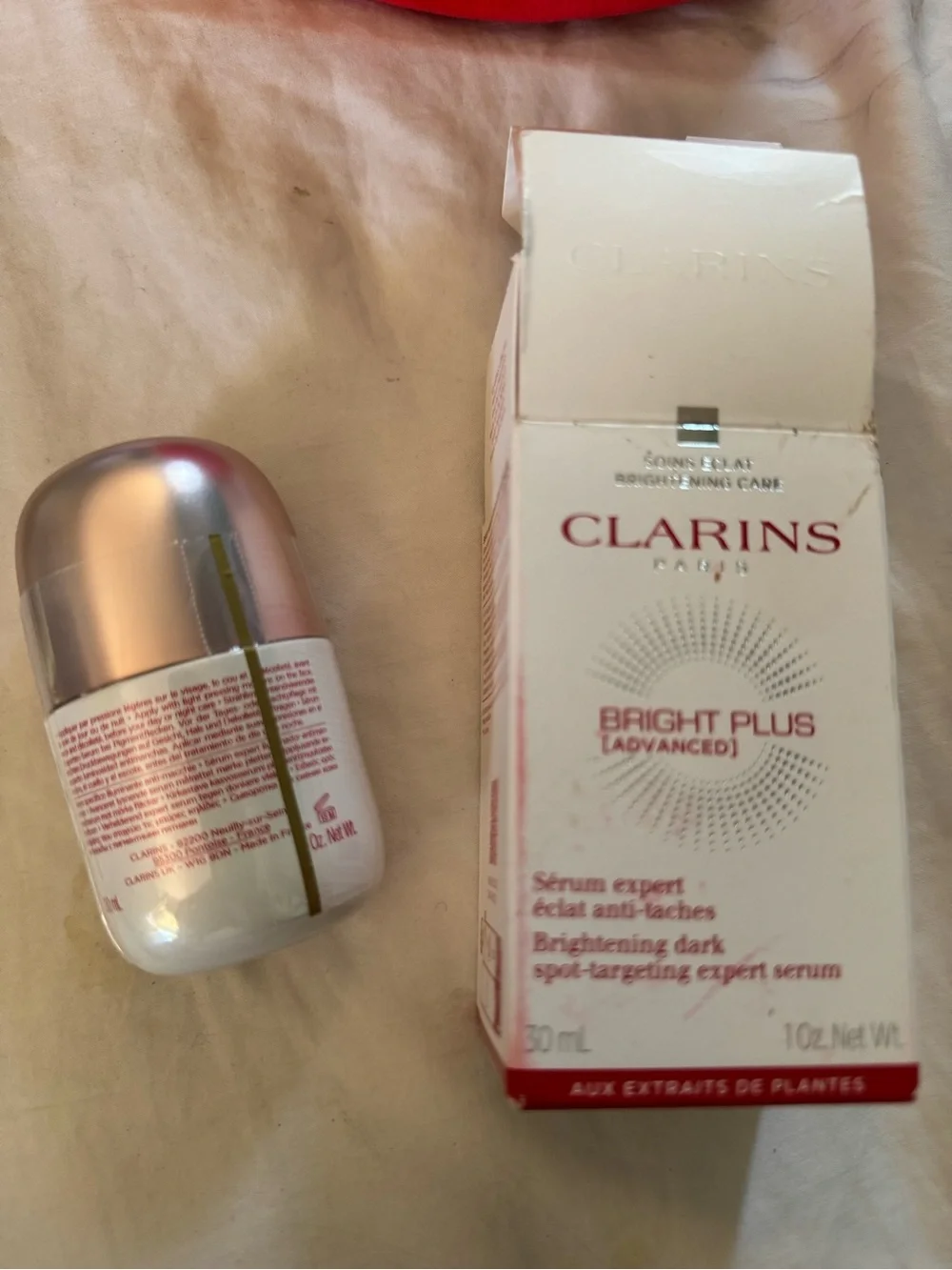 Clarins Skincare 7pc Set in red velvet travel bag NWOT